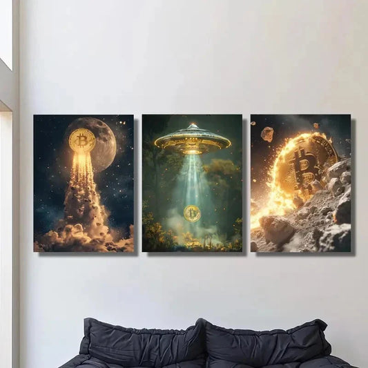 3pcs Bitcoin & UFO Surreal Moon Landing Metal Print Ready to Hang Art