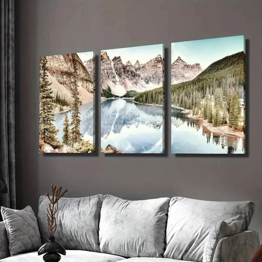 3pcs Serene Lake Mountain & Evergreen Trees Wall Art Set Canvas Framed 40x60cm - High Quality Print 100% Australian Made Wall Canvas Ready to Hang