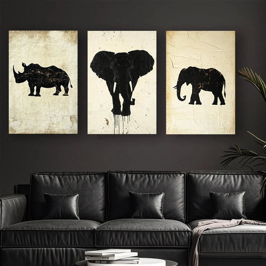 3pcs Black Animal Silhouette Abstract Paintings Metal Print Ready to Hang Art