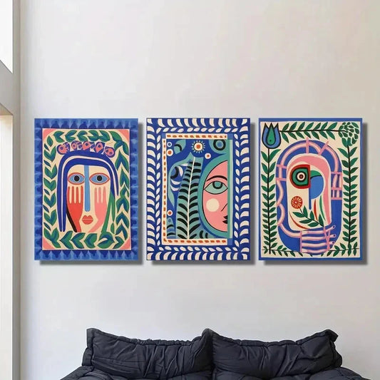 3pcs  Art Deco Folk Abstract Face   Wall Art Set Canvas Framed 40x60cm - High Quality Print 100% Australian Made Wall Canvas Ready to Hang