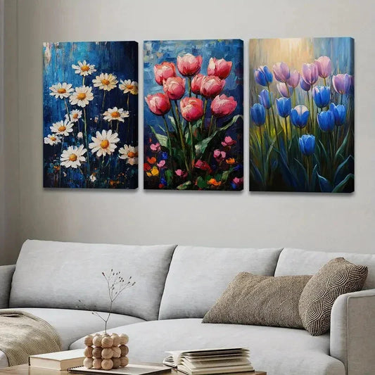 3pcs Exquisite And Charming Floral Blue Red Sun Wall Art Set Canvas Framed 40x60cm - High Quality Print 100% Australian Made Wall Canvas Ready to Hang