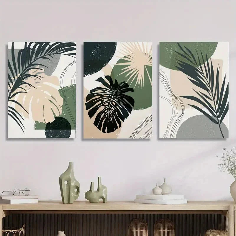 3pcs  Summer Tropical Palm Leaves Geometric Line Metal Print Ready to Hang Art