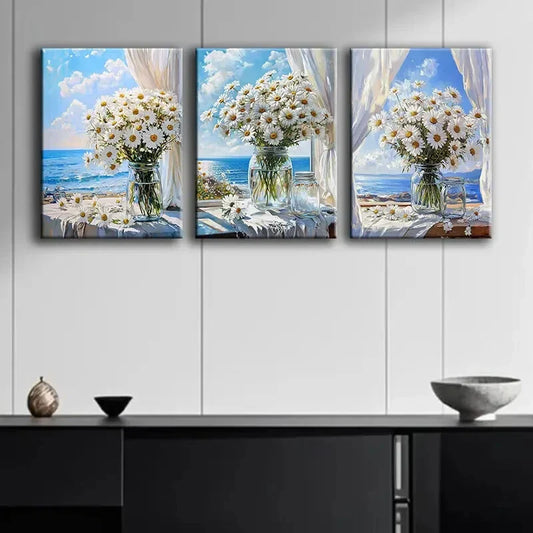 3pcs Daisies on the Windowsill Metal Print Ready to Hang Art