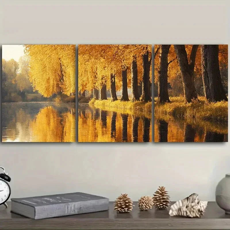 3pcs Golden autumn trees along the river  Wall Art Set Canvas Framed 40x60cm - High Quality Print 100% Australian Made Wall Canvas Ready to Hang