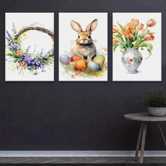 3pcs Vibrant Bunnies Floral Colourful Elegant Metal Print Ready to Hang Art