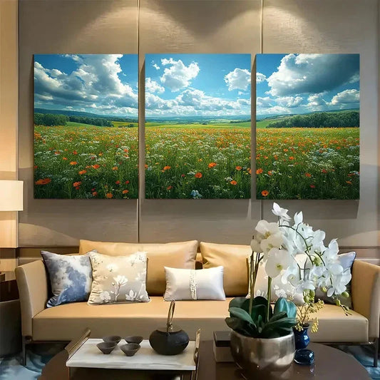 3pcs Rolling Fields with Cloudy Sky Metal Print Ready to Hang Art