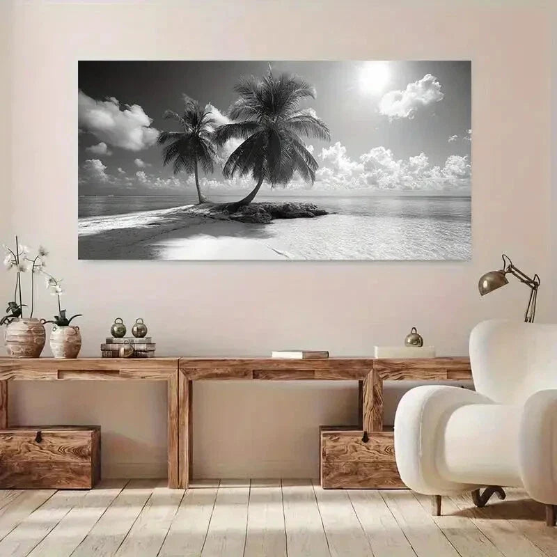 Black & White Beach Island wall canvas office home room framed 120x60cm