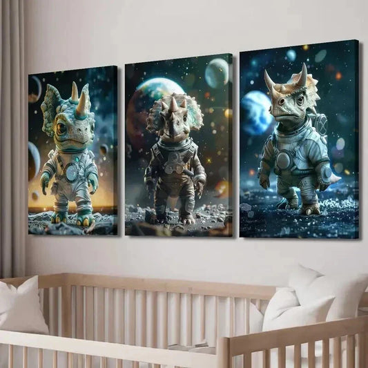 3pcs Allosaurus Dinosaur in Space Wall Art Set Canvas Framed 40x60cm - High Quality Print 100% Australian Made Wall Canvas Ready to Hang