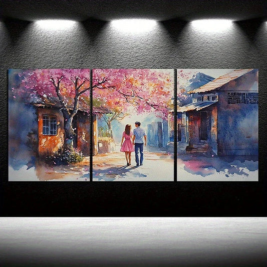 3pcs Couple Strolling Along The Flower Path Metal Print Ready to Hang Art
