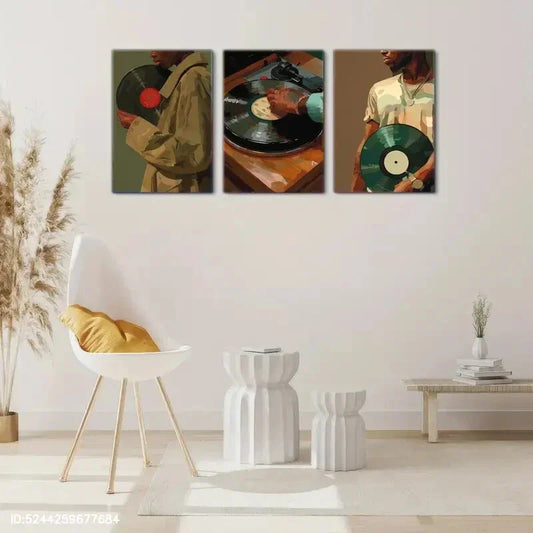 3pcs Vintage Gramophone & Vinyl Record Metal Print Ready to Hang Art