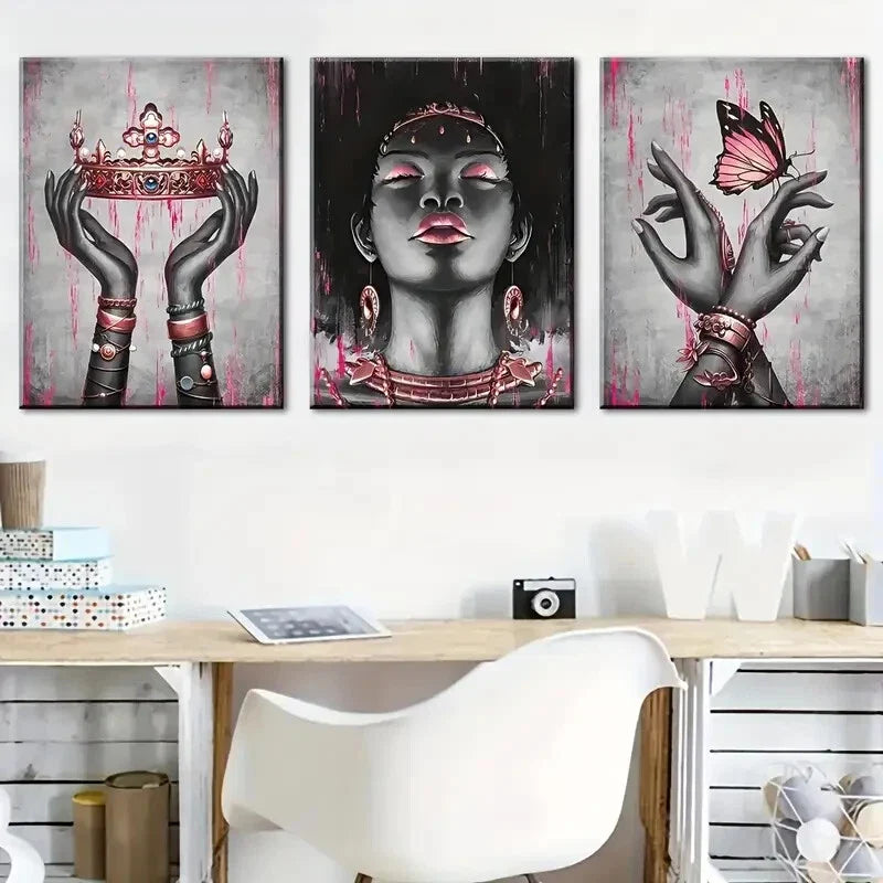 3pcs pink and black female portrait,  Metal Print Ready to Hang Art