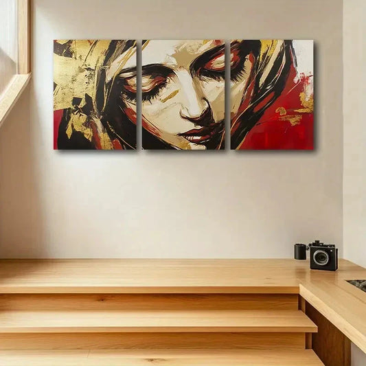 3pcs Triptych of the Golden Madonna, Bold Orange Metal Print Ready to Hang Art
