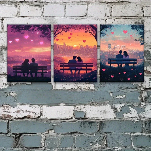 3pcs Sweet Couples to Sit And Watch The Sunset Metal Print Ready to Hang Art
