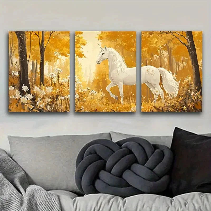 3pcs White Unicorn in An Enchanted Forest Art  Metal Print Ready to Hang Art