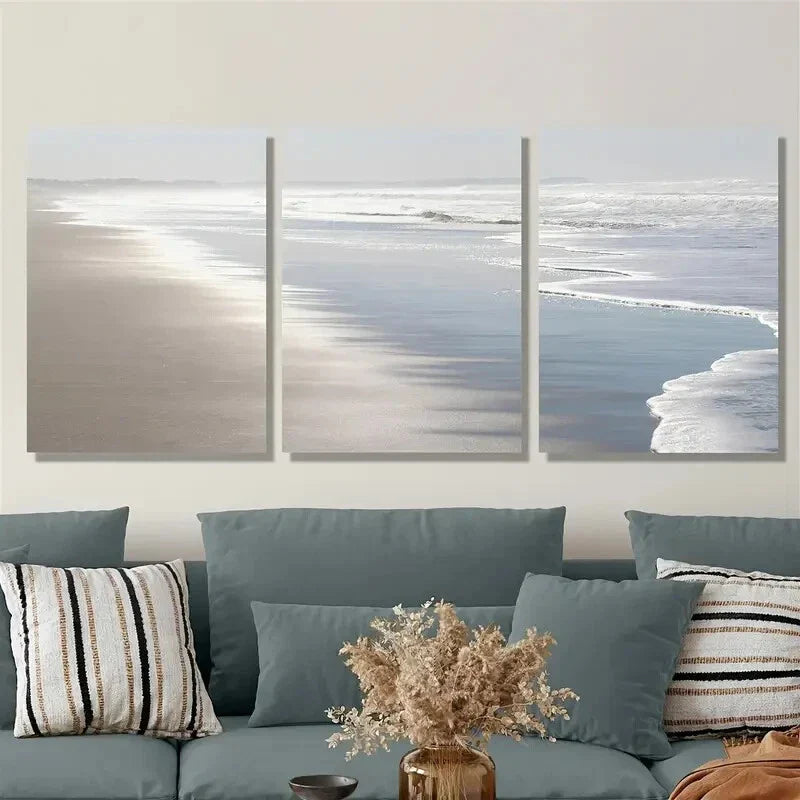 3pcs Beach Scenery with Ocean Waves & Sandy Shore Metal Print Ready to Hang Art