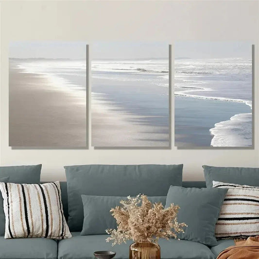 3pcs Beach Scenery with Ocean Waves & Sandy Shore Metal Print Ready to Hang Art