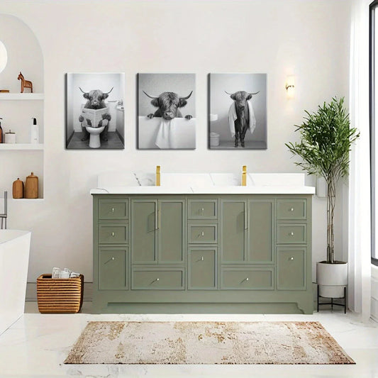 3pcs Funny Bathroom Highland Cow Metal Print Ready to Hang Art