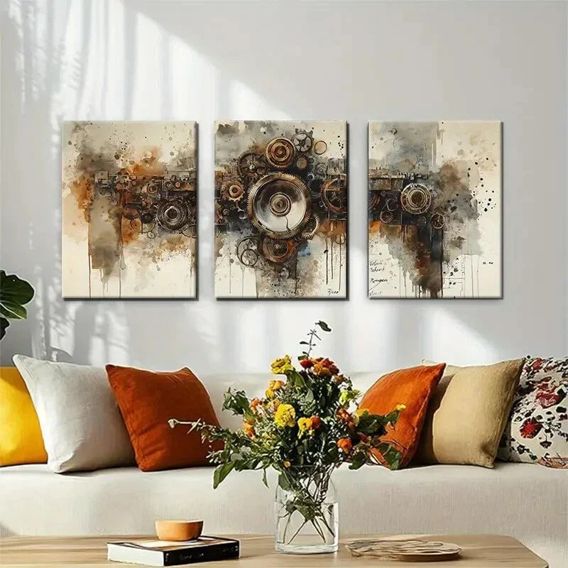 3pcs Rusty Gears and Watercolor Drips Perfect Wall Art Set Canvas Framed 40x60cm - High Quality Print 100% Australian Made Wall Canvas Ready to Hang