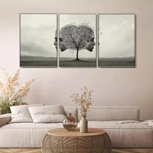 3pcs Black &White Fantasy Surreal Tree and Faces Wall Art Set Canvas Framed 40x60cm - High Quality Print 100% Australian Made Wall Canvas Ready to Hang