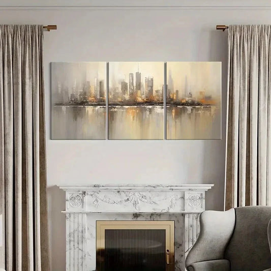 3pcs Golden-Toned Urban Skyline Abstract Metal Print Ready to Hang Art