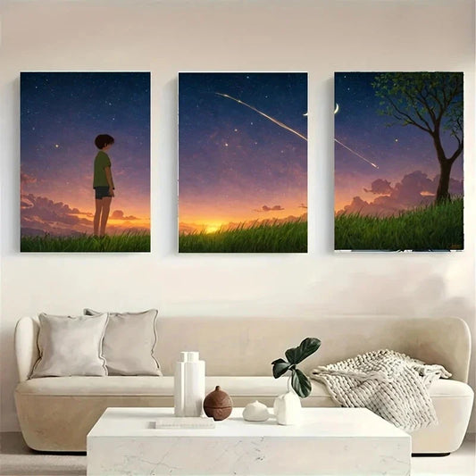 3pcs A Boy Standing on a Grassy Hill Metal Print Ready to Hang Art