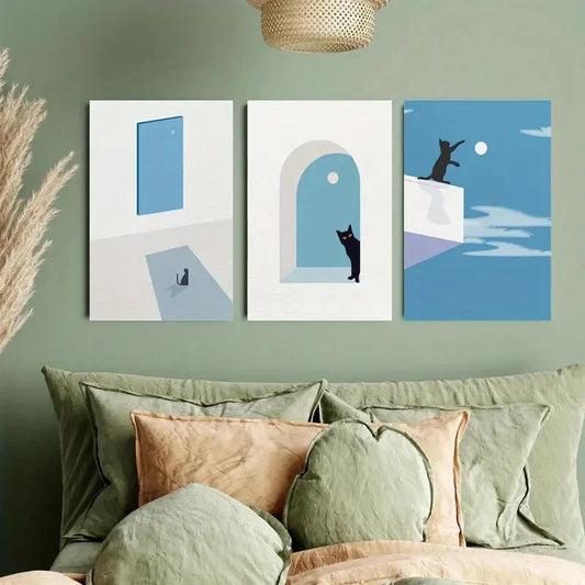 3pcs Playful & Friendly Cat on the Roof Metal Print Ready to Hang Art
