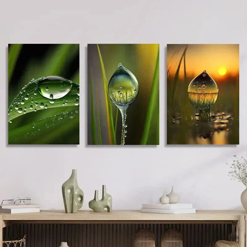 3pcs Beautiful Water, water drops on sunset  Metal Print Ready to Hang Art