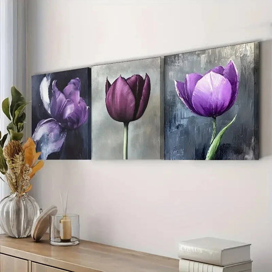 3pcs Elegant Purple Tulip Waterproof Wall Art Set Canvas Framed 40x60cm - High Quality Print 100% Australian Made Wall Canvas Ready to Hang