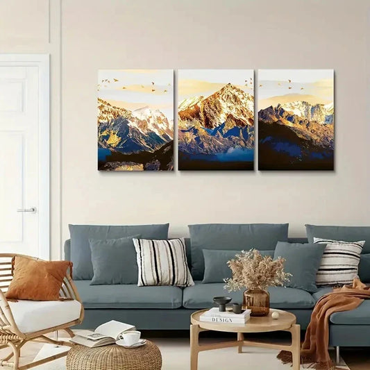 3pcs   golden mountain and bird flock Metal Print Ready to Hang Art