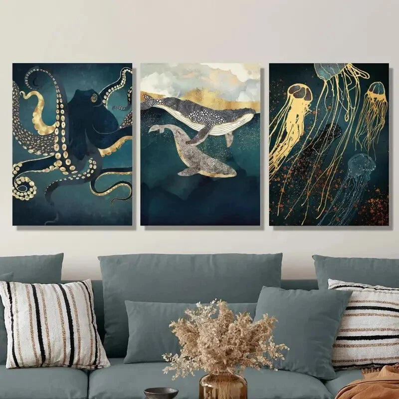 3pcs Octopus, Whale, Jellyfish, Abstract Marine Metal Print Ready to Hang Art