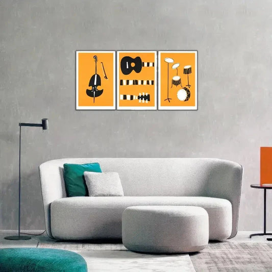 3pcs Featuring Guitar Drum Set And Double Bass Metal Print Ready to Hang Art