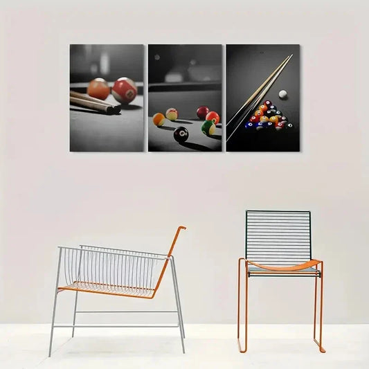 3pcs Vibrant Pool Balls & Cues Metal Print Ready to Hang Art