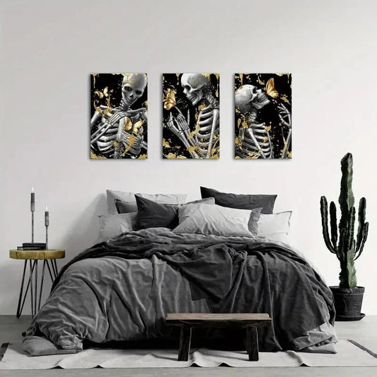 3pcs  Black & Golden Human Skeleton Metal Print Ready to Hang Art