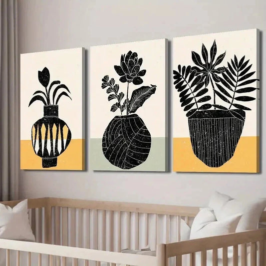 3pcs Black & White Plant Silhouette Floral Vase Wall Art Set Canvas Framed 40x60cm - High Quality Print 100% Australian Made Wall Canvas Ready to Hang
