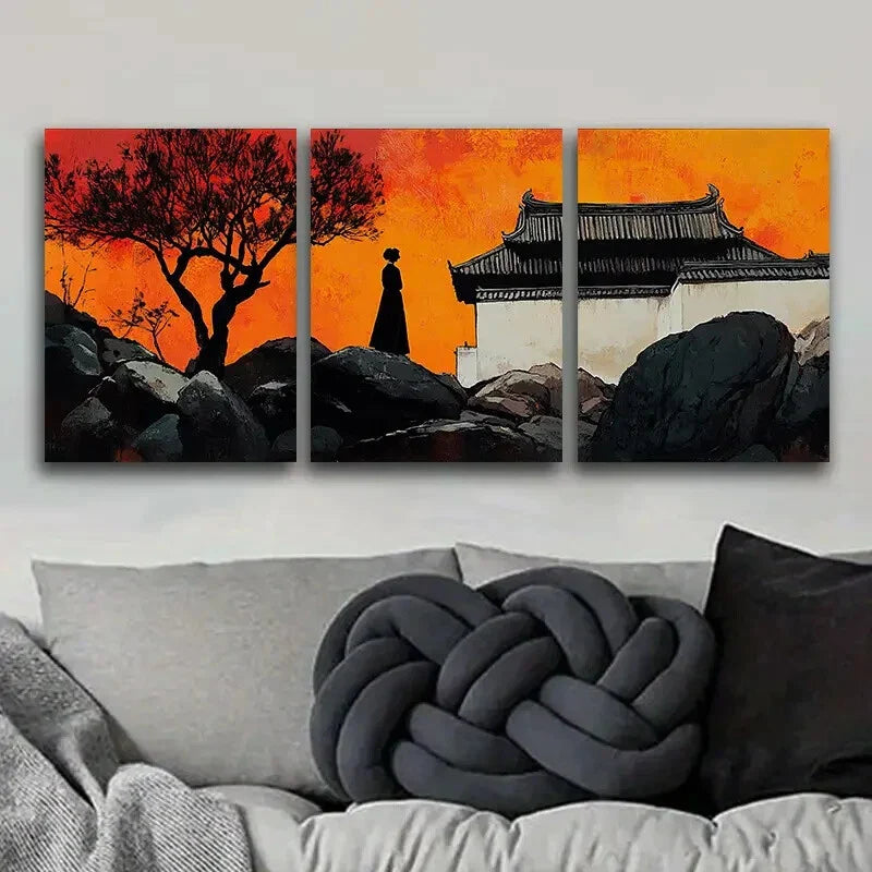 3pcs  Vibrant Sunset Scene with Silhouette Figure Metal Print Ready to Hang Art