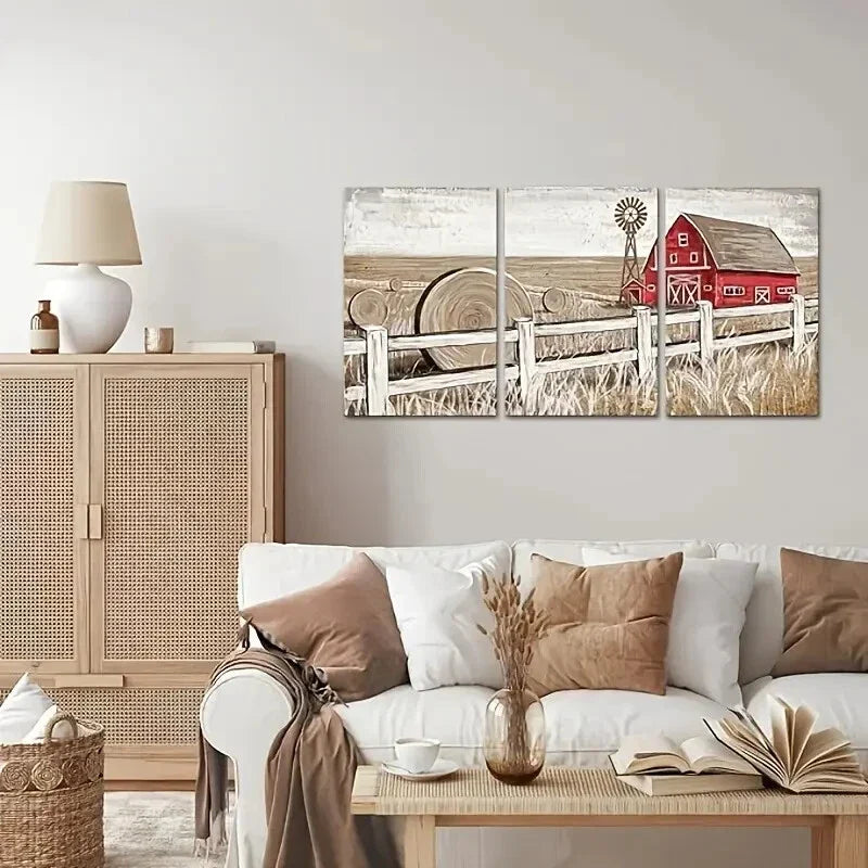 3pcs  Landscape Theme with Old Barn Windmill, Metal Print Ready to Hang Art