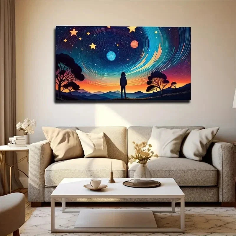 Night Starry Sky Little Girl Wall Art Canvas Office Home Room Framed 120x60cm
