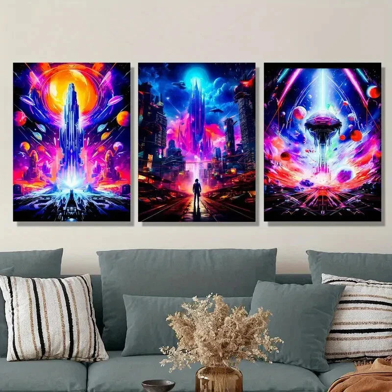 3pcs  Vibrant Space Planet & Future World Line Metal Print Ready to Hang Art