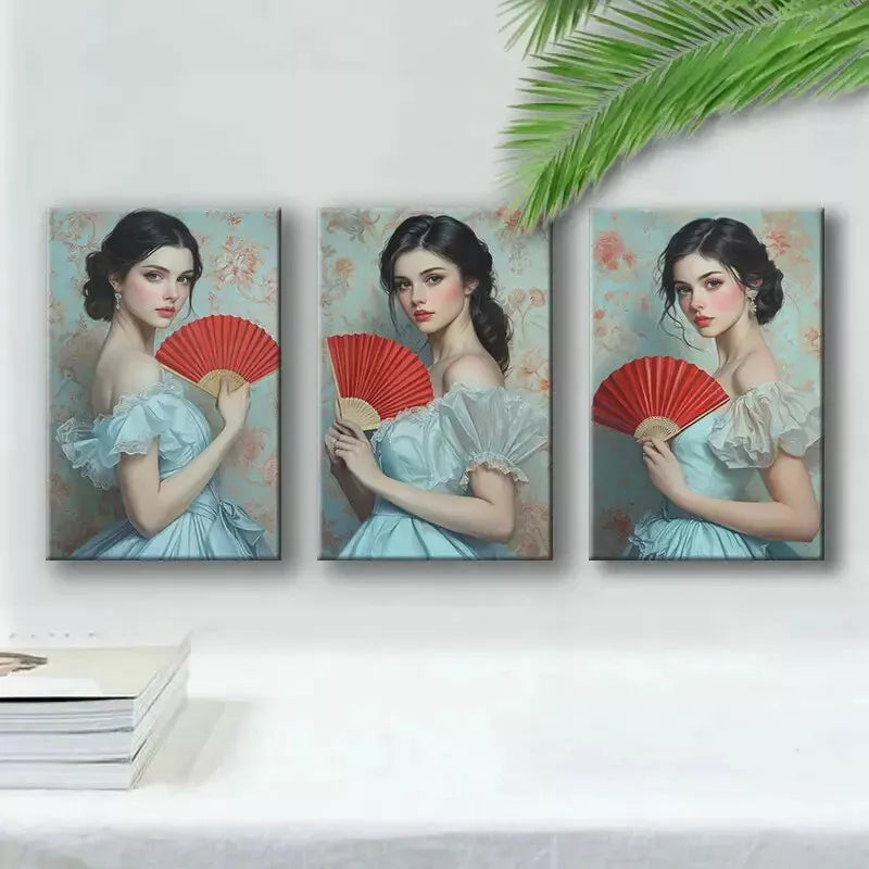 3pcs Elegant Girl with Red Fan Canvas Framed 40x60cm - High Quality Print 100% Australian Made Wall Canvas Ready to Hang