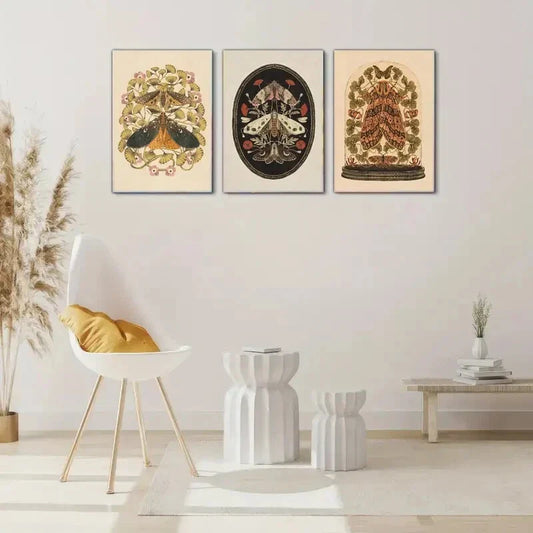 3pcs Dragonfly Moth Insect Floral Art Print Metal Print Ready to Hang Art
