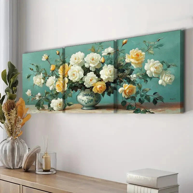 3pcs White Roses in Vase Painting Floral Color Wall Art Set Canvas Framed 40x60cm - High Quality Print 100% Australian Made Wall Canvas Ready to Hang