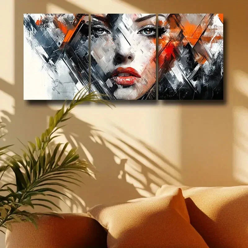 3pcs Abstract Woman Portrait with Bold Geometric Metal Print Ready to Hang Art
