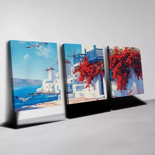 3pcs Seaside View Red Floral & Seagull Wall Art Set Canvas Framed 40x60cm - High Quality Print 100% Australian Made Wall Canvas Ready to Hang