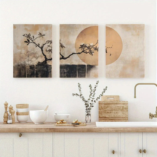 3pcs Beige and Brown Abstract Tree Sun Metal Print Ready to Hang Art