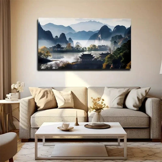 Serene Chinese Temple Wall Art Canvas Office Home Room Framed 120x60cm