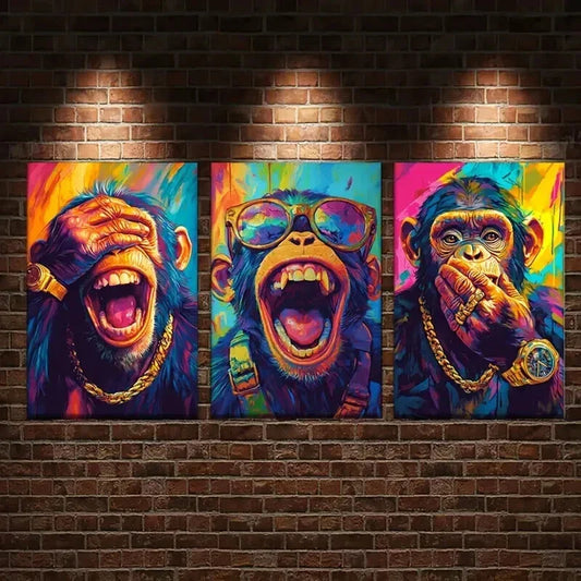 3pcs Featuring Three Monkeys with Open Mouths Wall Art Set Canvas Framed 40x60cm - High Quality Print 100% Australian Made Wall Canvas Ready to Hang