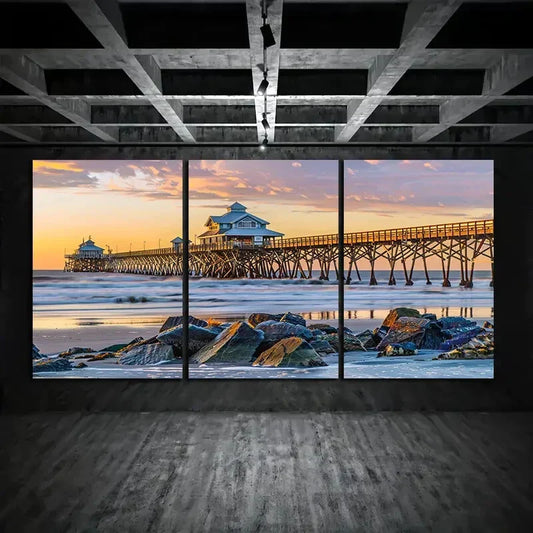 3pcs Set of Long Dock by the Sea Metal Print Ready to Hang Art