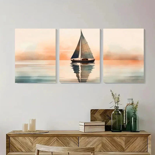 3pcs Lake Sunset Sail Boat Painting Metal Print Ready to Hang Art
