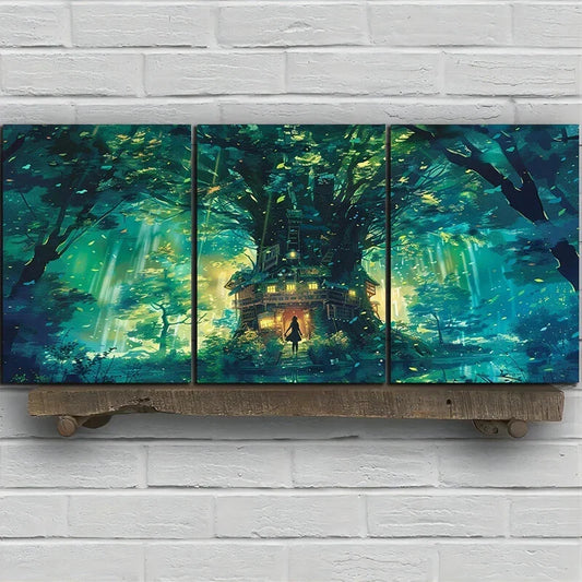 3pcs Enchanted Forest and Treehouse Metal Print Ready to Hang Art