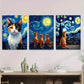 3pcs Starry Night Cat Vibrant Orange, Black Metal Print Ready to Hang Art